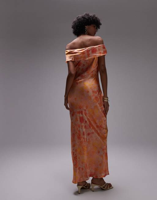 Vestido largo naranja para eventos especiales con estampado floral difuminado y hombros drapeados de Topshop, 4 de 4