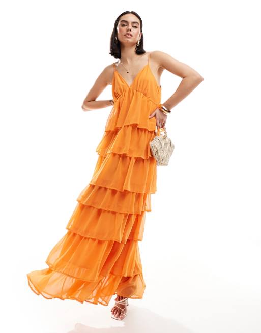 Vestido largo naranja puesta de sol de tirantes con diseño escalonado de volantes de Vila