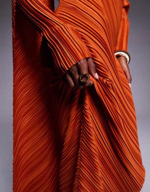 Vestido largo naranja tostado plisado de manga larga con detalle drapeado de ASOS DESIGN, 3 de 4