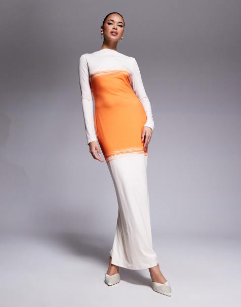 Vestido largo naranja y color crema de punto liso de Daska - view 1