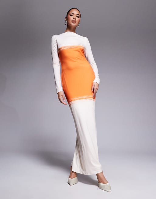 Vestido largo naranja y color crema de punto liso de Daska