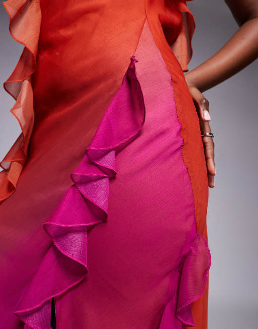 Vestido largo naranja y rosa con diseño degradado de chifón de ASOS DESIGN, 3 de 4