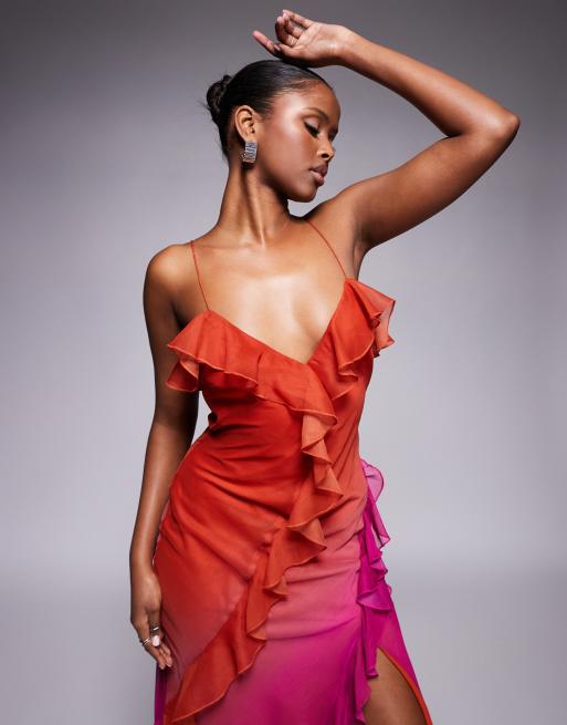 Vestido largo naranja y rosa con diseño degradado de chifón de ASOS DESIGN, 4 de 4