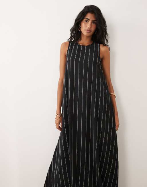 Vestido largo negro a rayas blancas sin mangas de mezcla de lino de JDY, 2 de 4