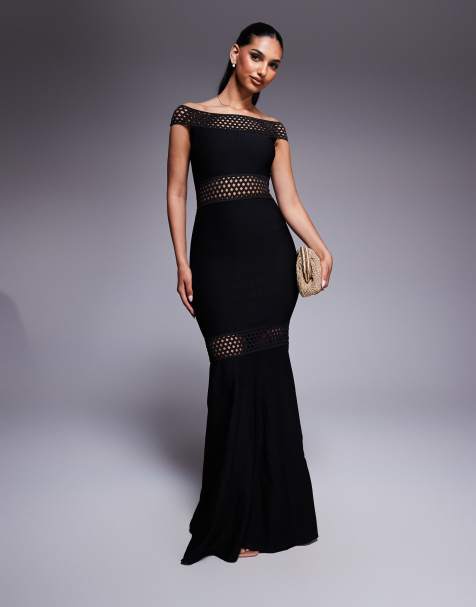 Vestido largo negro ajustado con escote Bardot de canalé de Goddiva - view 1