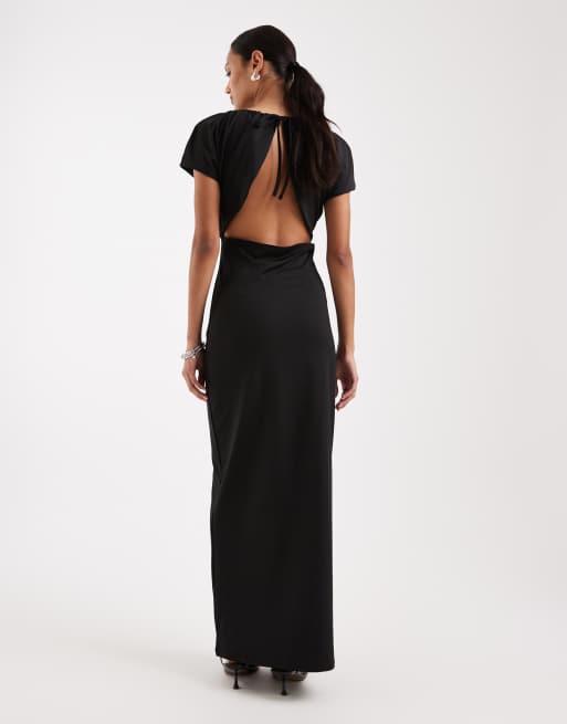 Vestido largo negro ajustado con parte superior drapeada y espalda descubierta con lazada de punto suave de 4th & Reckless, 3 de 4