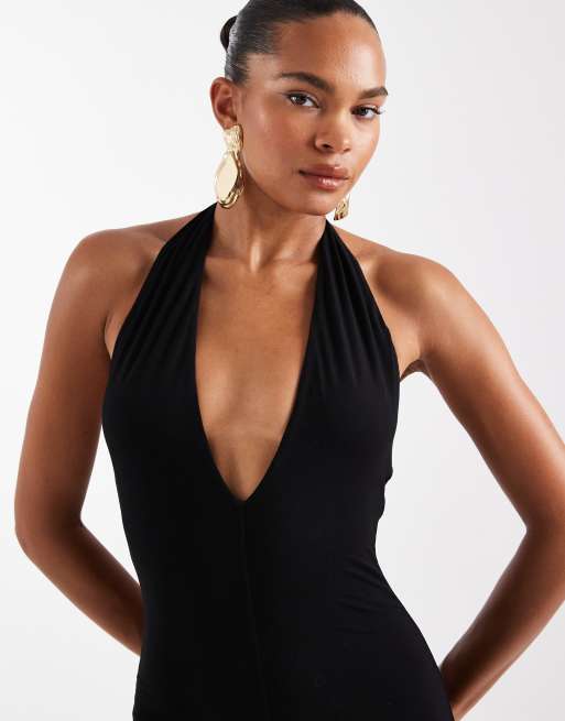 Vestido largo negro ajustado escotado con cuello halter y diseño moldeador Phe de Wanderdoll, 3 de 4