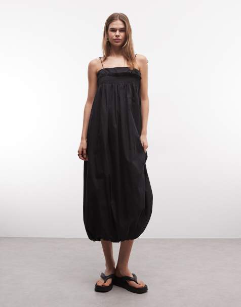 Vestido largo negro amplio de tirantes con bajo abullonado y lazos de Reclaimed Vintage - view 1