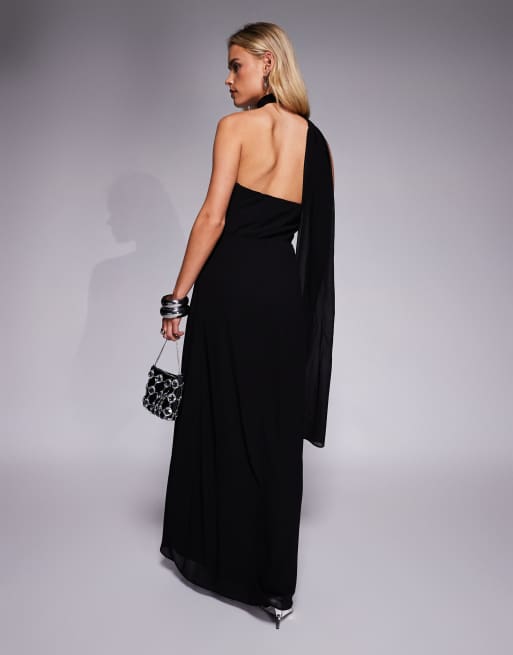 Vestido largo negro asimétrico con fular al cuello de TFNC Petite, 4 de 4