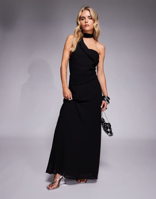 Vestido largo negro asimétrico con pañuelo al cuello de TFNC Petite