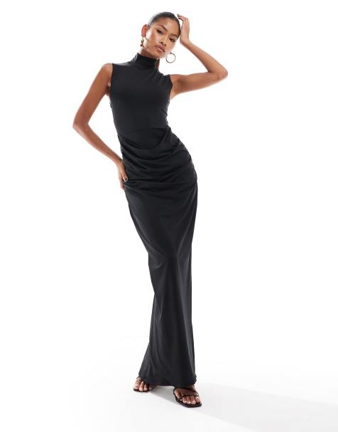 Vestido largo negro ceñido con cuello alto, diseño de doble capa y detalle fruncido de Aria Cove - view 1