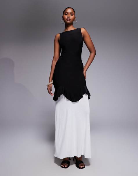 Vestido largo negro ceñido con cuello alto, espalda abierta y detalle de volantes de chifón exclusivo de Kaiia - view 1