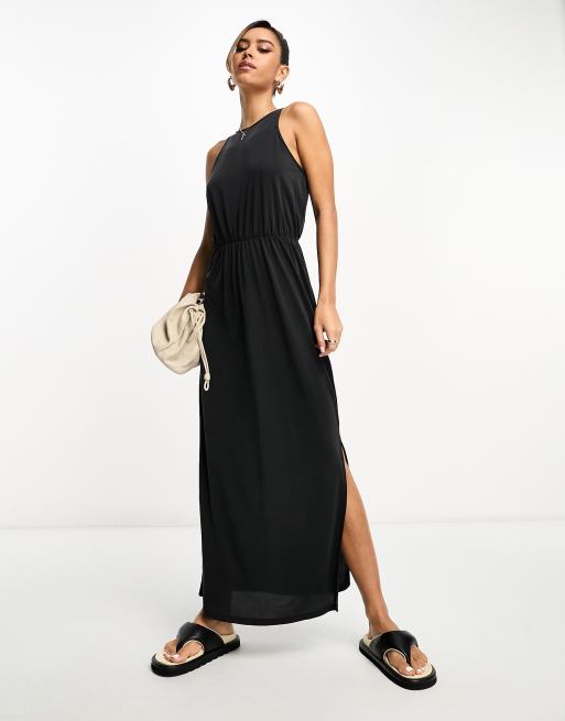 Vestido largo negro ceñido con cuello de nadadora y aberturas laterales de Vila