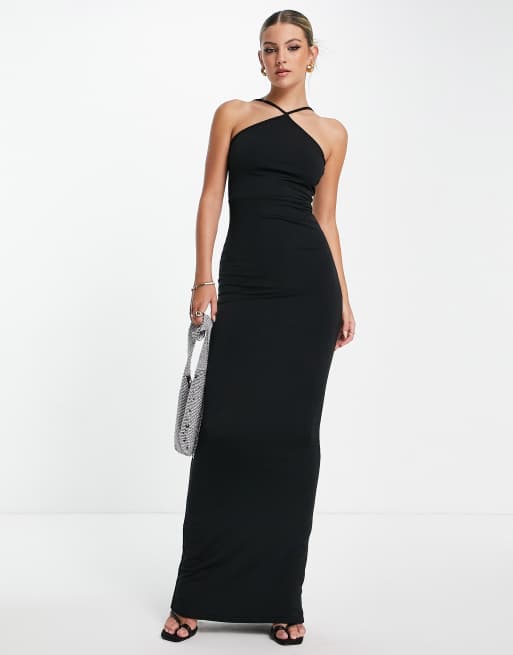 Vestido largo negro ceñido con cuello halter y diseño de dos capas de Public Desire, 4 de 4