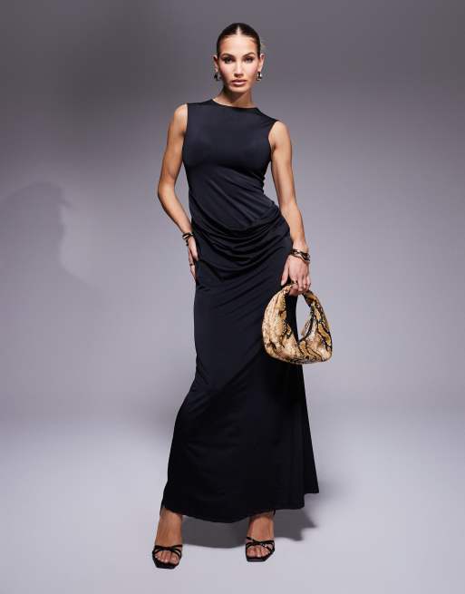 Vestido largo negro ceñido con cuello subido, diseño moldeador y cintura drapeada de punto liso de ASOS DESIGN