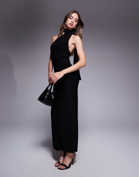 Vestido largo negro ceñido con diseño moldeado de doble capa y detalle de fular cruzado de Fashionkilla - view 1