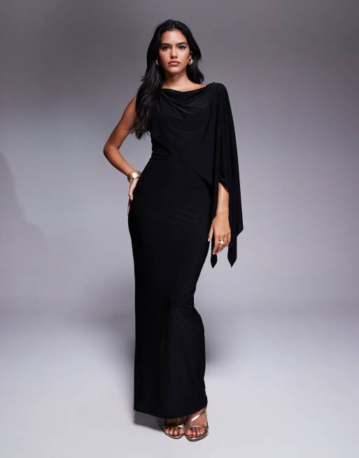 Vestido largo negro ceñido con espalda desbocada y detalle de capa de tejido doble de Fashionkilla