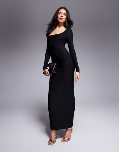 Vestido largo negro ceñido de manga larga con escote cuadrado de ASOS DESIGN - view 1