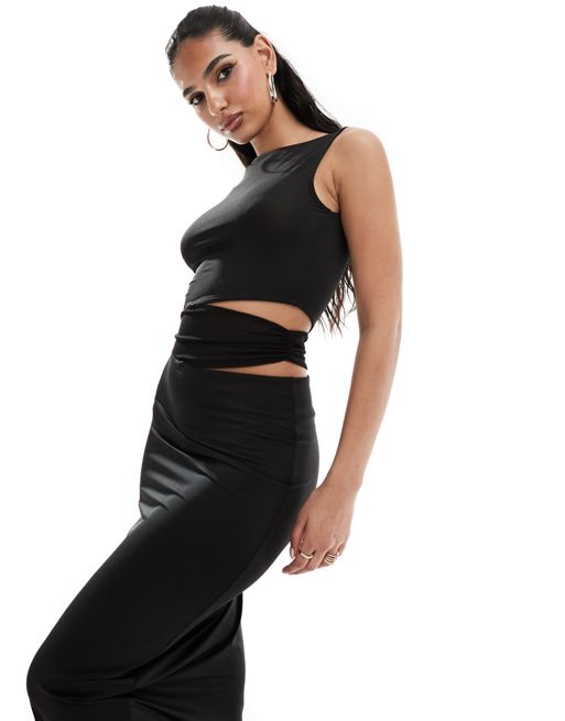 Vestido largo negro con aberturas de malla de FhyzicsShops DESIGN