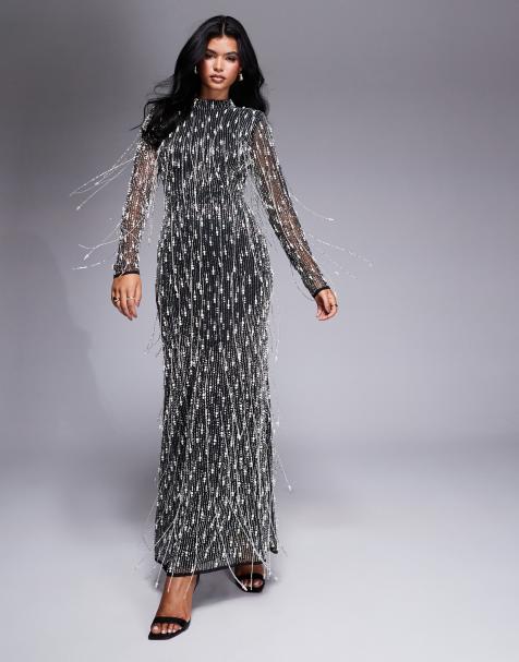 Vestido largo negro con adornos colgantes de perlas de ASOS LUXE - view 1