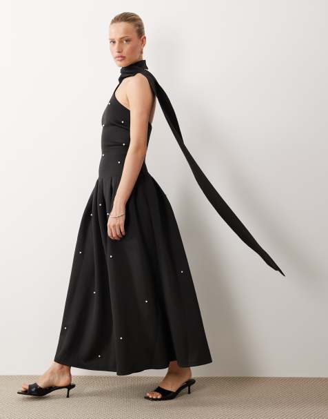 Vestido largo negro con adornos de perlas y detalle de fular de tejido efecto neopreno premium de ASOS DESIGN - view 1