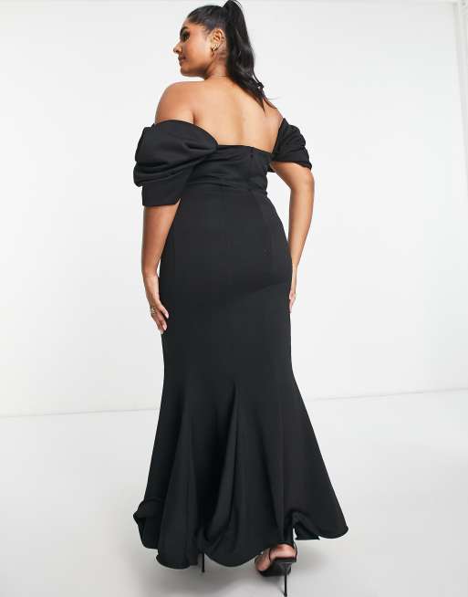 Vestido largo negro con bajo acampanado y mangas voluminosas drapeadas de ASOS DESIGN Curve, 2 de 4
