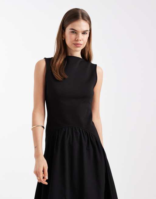 Vestido largo negro con cintura baja y diseño híbrido de popelina de algodón de ASOS DESIGN, 2 de 4