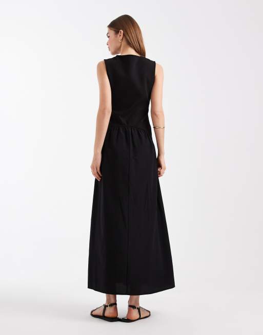 Vestido largo negro con cintura baja y diseño híbrido de popelina de algodón de ASOS DESIGN, 4 de 4