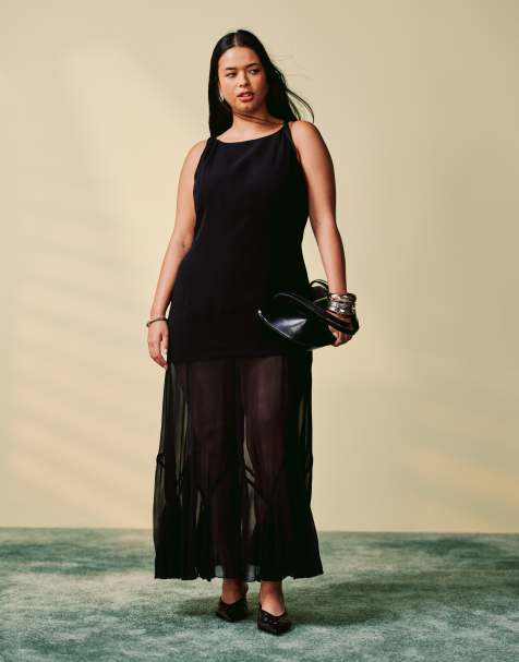 Vestido largo negro con cintura drapeada y falda de corte amplio con godets de ASOS DESIGN Curve - view 1