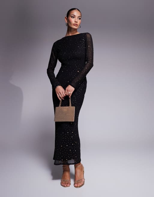 Vestido largo negro con cuello alto, espalda escotada y pedrería termosellada de ASOS DESIGN