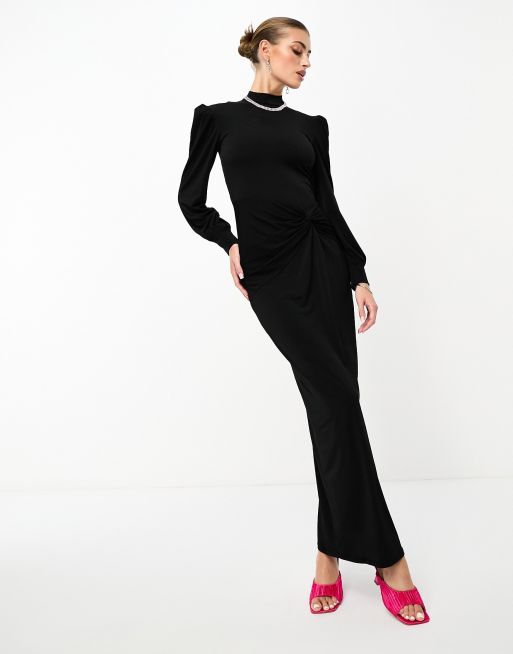 Vestido largo negro con cuello alto y detalle fruncido de Flounce London