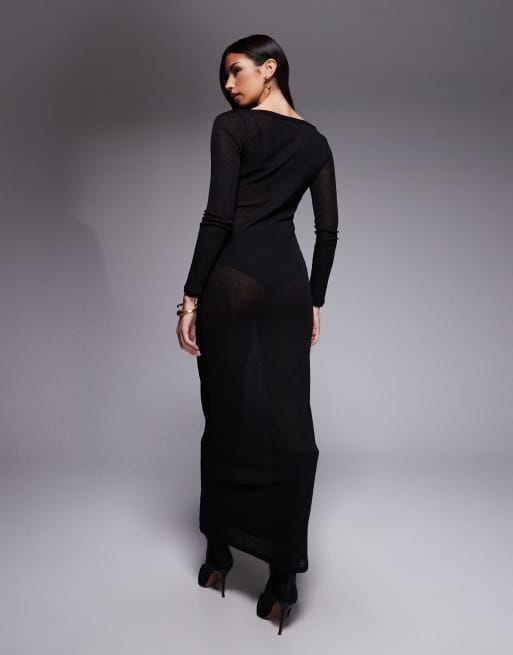 Vestido largo negro con cuello ancho de malla transparente tipo gasa de ASOS DESIGN, 2 de 4