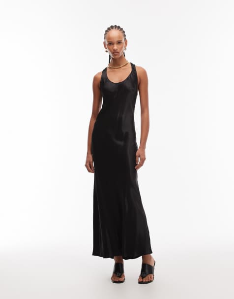 Vestido largo negro con cuello ancho de satén de ASOS DESIGN - view 1