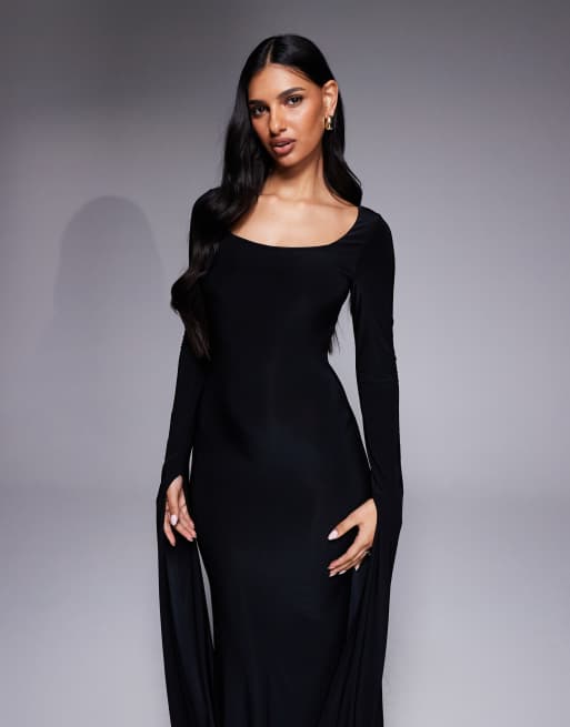 Vestido largo negro con cuello ancho y manga extralarga drapeada hasta el suelo de ASOS DESIGN, 4 de 4