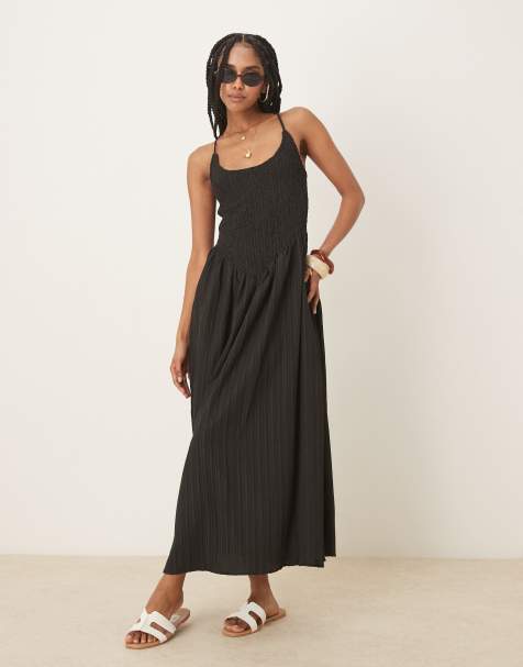 Vestido largo negro con cuello ancho y tiras cruzadas en la espalda de tejido rugoso de ASOS DESIGN - view 1
