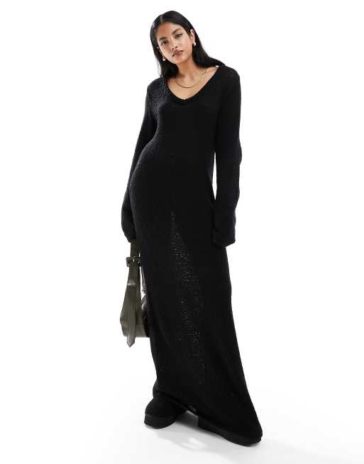 Vestido largo negro con cuello de pico de punto de bouclé de 4th & Reckless