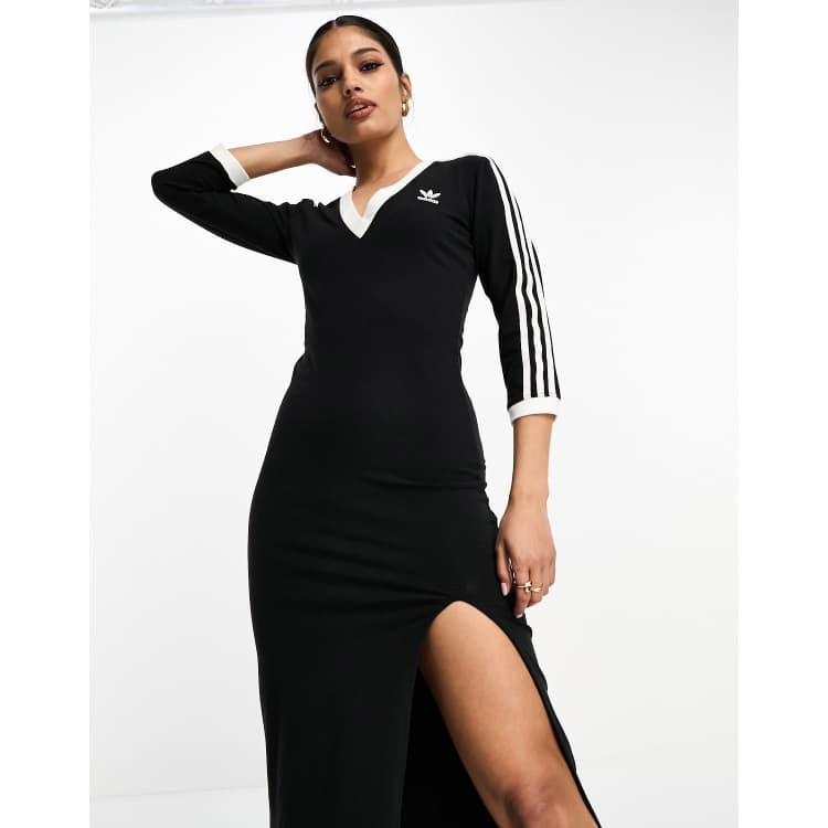 cuenca grosor espina Vestido largo negro con cuello de pico y tres rayas de adidas Originals |  ASOS