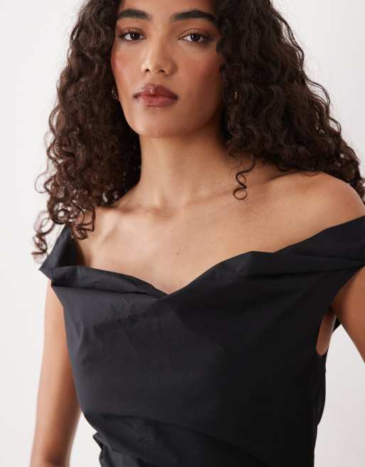 Vestido largo negro con cuello drapeado de popelina gruesa de ASOS DESIGN Tall, 2 de 4