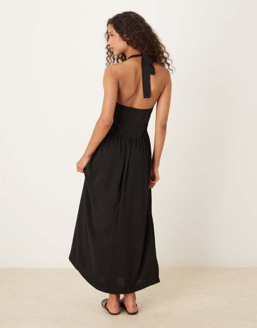 Vestido largo negro con cuello halter y cuerpo estilo corsé de ASOS DESIGN, 2 de 4