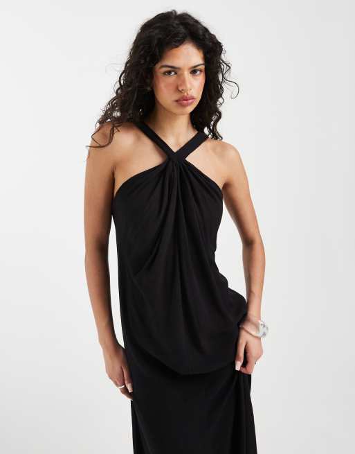 Vestido largo negro con cuello halter y detalle anudado de Vero Moda, 2 de 4