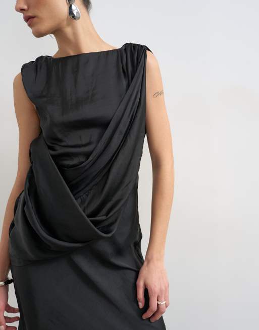 Vestido largo negro con cuello recto y parte delantera desbocada drapeada de satén de Topshop, 3 de 4
