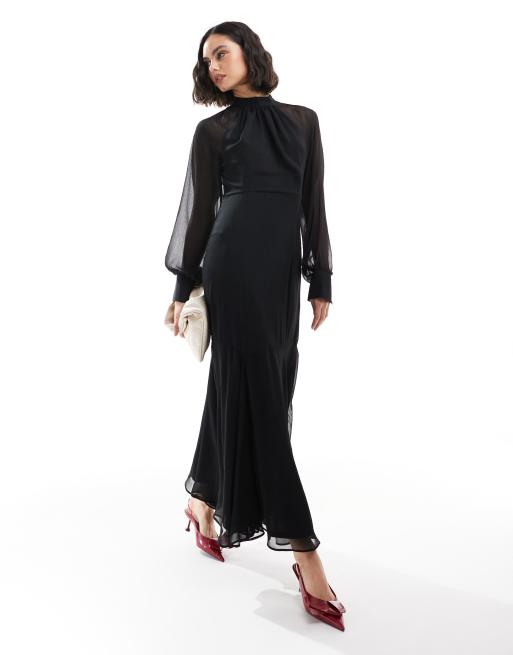 Vestido largo negro con cuello subido y godets en el bajo de ASOS DESIGN