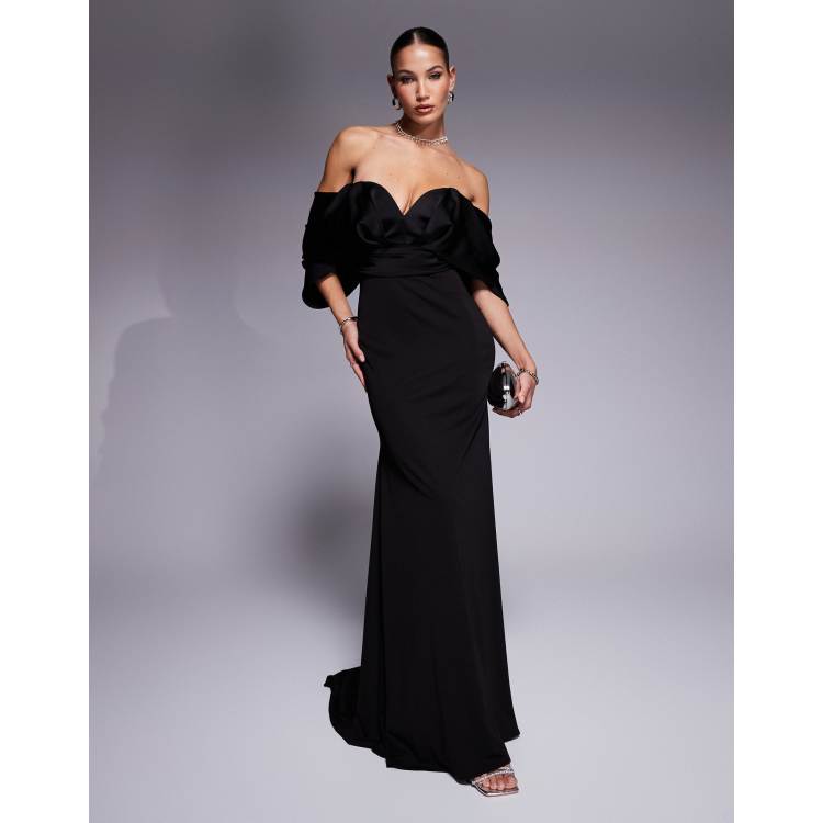 Vestido largo negro con detalle de cola escote palabra de honor en forma de corazon de mezcla de saten premium de ASOS DESIGN ASOS