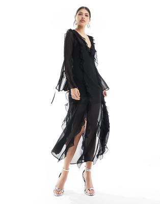 Vestidos de chiffon con volantes en las mangas y tirantes finos Malva Vintage