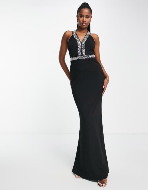 Vestido largo negro con detalle en la espalda de Goddiva