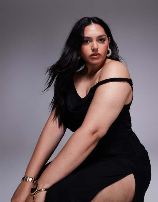 Vestido largo negro con detalle retorcido en el hombro y cordones