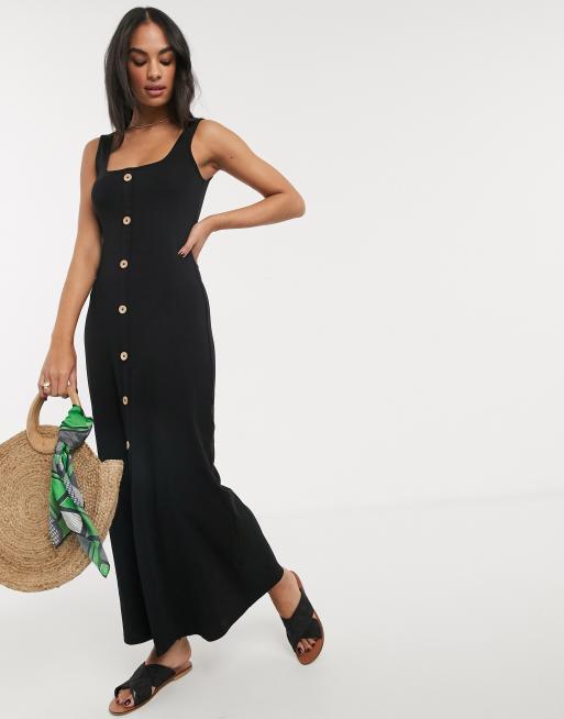 su juez entrada Vestido largo negro con diseño de botones y cuello cuadrado en canalé de  ASOS DESIGN | ASOS