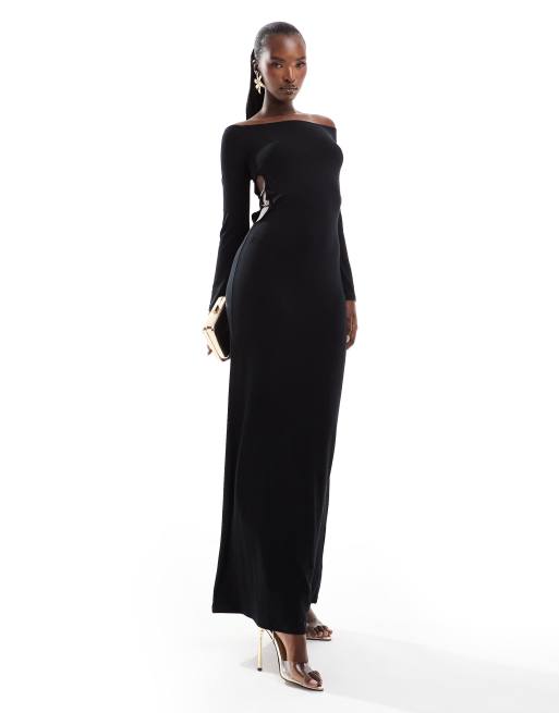Vestido largo negro con escote Bardot, abertura y detalle de adorno de ASOS DESIGN