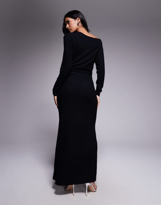 Vestido largo negro con escote Bardot de tejido muy suave de ASOS DESIGN, 4 de 4