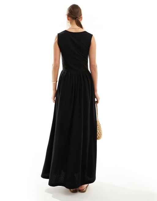 Vestido largo negro con escote cuadrado, frunces en el pecho e insertos de encaje de ASOS DESIGN, 3 de 4